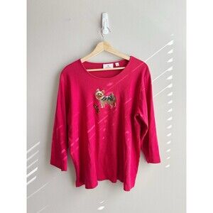 Quaker factory Vintage Dog Yorkie Red Long Sleeve Sweater Shirt Size XL